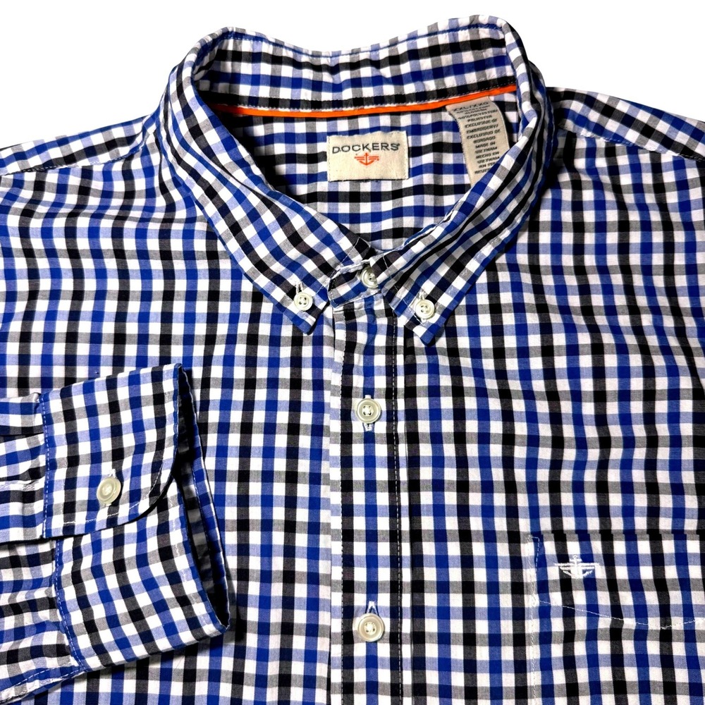 Dockers Mens XXL Blue Black Gingham Check Long Sleeve Button Down Shirt Anchor